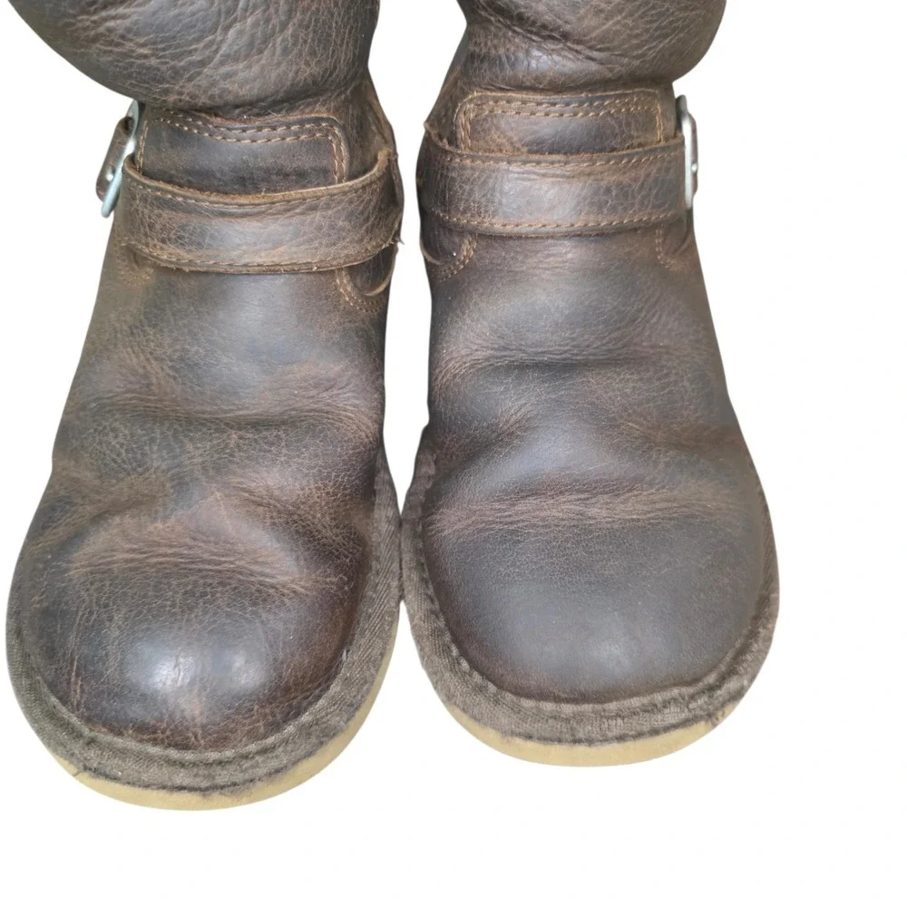 UGG Kensington Girls 1 Brown Leather Sheepskin Sherpa Shearling Lined Snow Boots